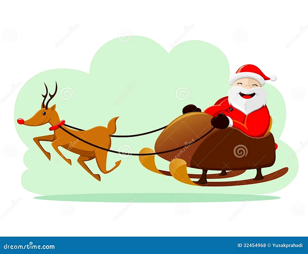 Дед Мороз едет на санях с оленями