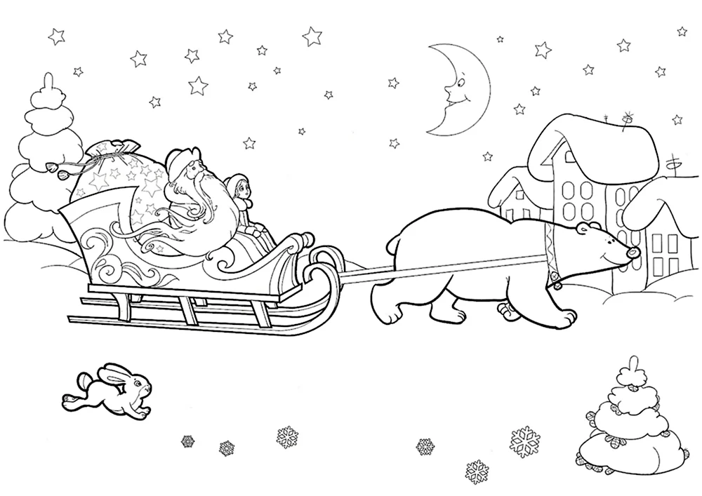 Новогодняя раскраска для детей дед Мороз в санях