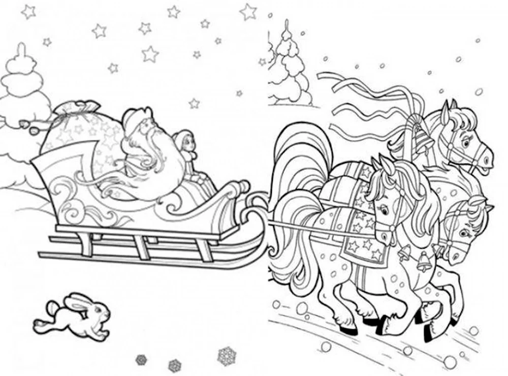 Раскраска дед Мороз на санях с лошадьми