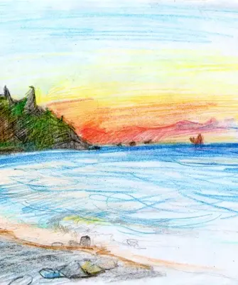 Морской пейзаж цветными карандашами