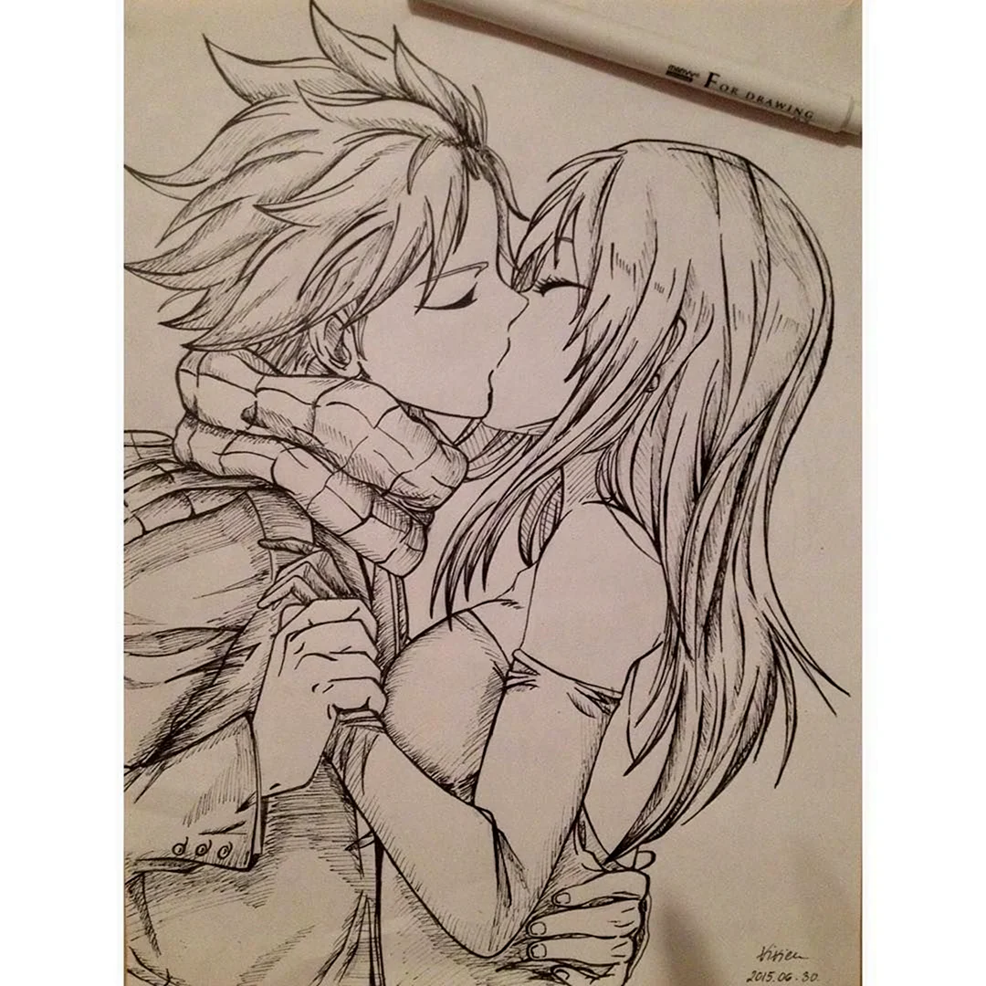 Нацу и Люси поцелуй карандашом