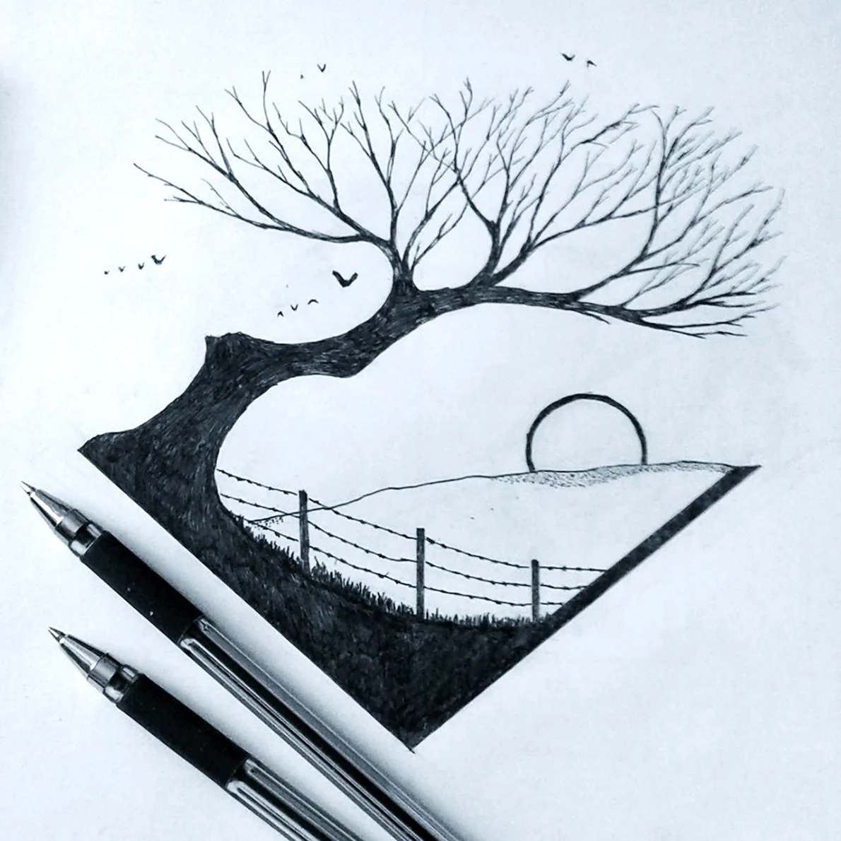 Пейзаж чёрной гелевой ручкой