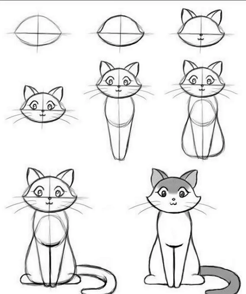 Поэтапное рисование кошки. Рисунок кошки пошагово карандашом. Кошка рисунок поэтапно. Рисунок кошки карандашом для срисовки легкие. Что можно нарисовать легко и быстро красиво