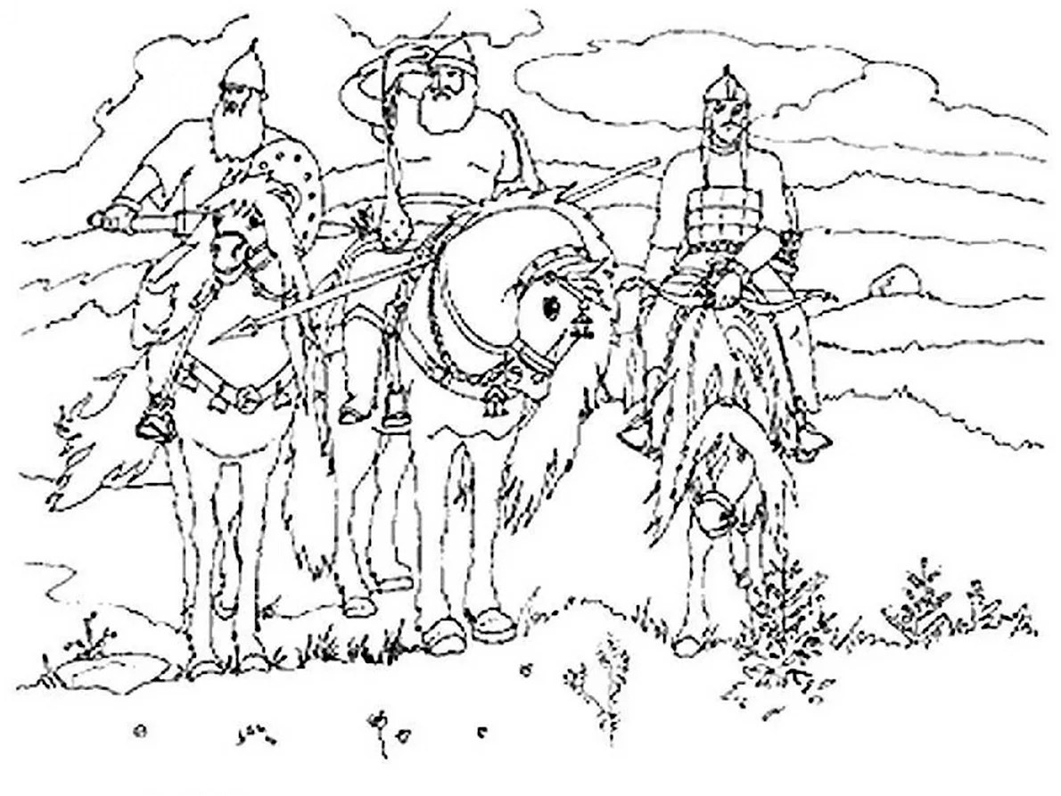 Раскраски с персонажами советского мультфильма Три богатыря - можно бесплатно скачать одим файлом.
