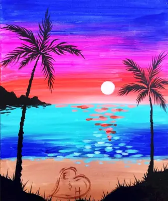 Закат с пальмами красками